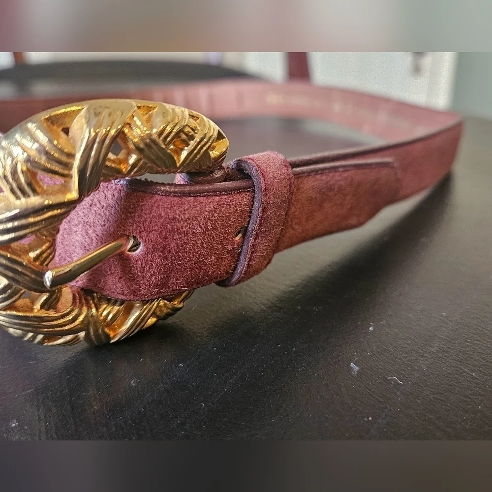Vintage CROWN PACIFIC Red suede belt gold buckle. Size medium